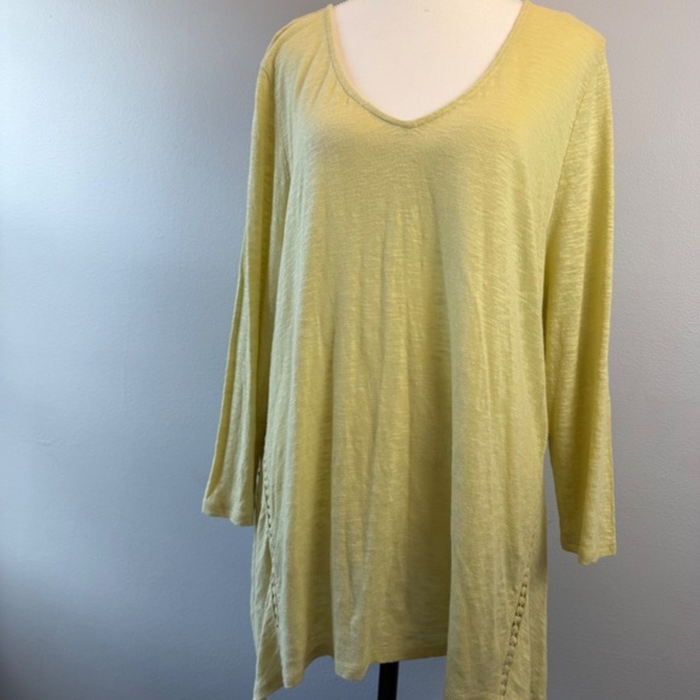 J. Jill XL Linen Blend Yellow Slub‎ Knit V-Neck Tunic Top Crochet Flowy Loose